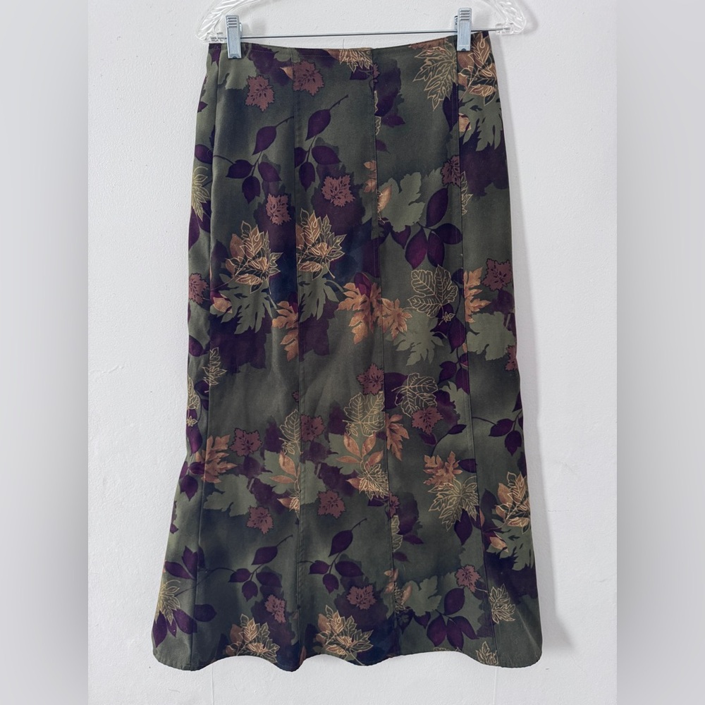Ty Olive Green Floral Midi Skirt with Purple and Tan Accents